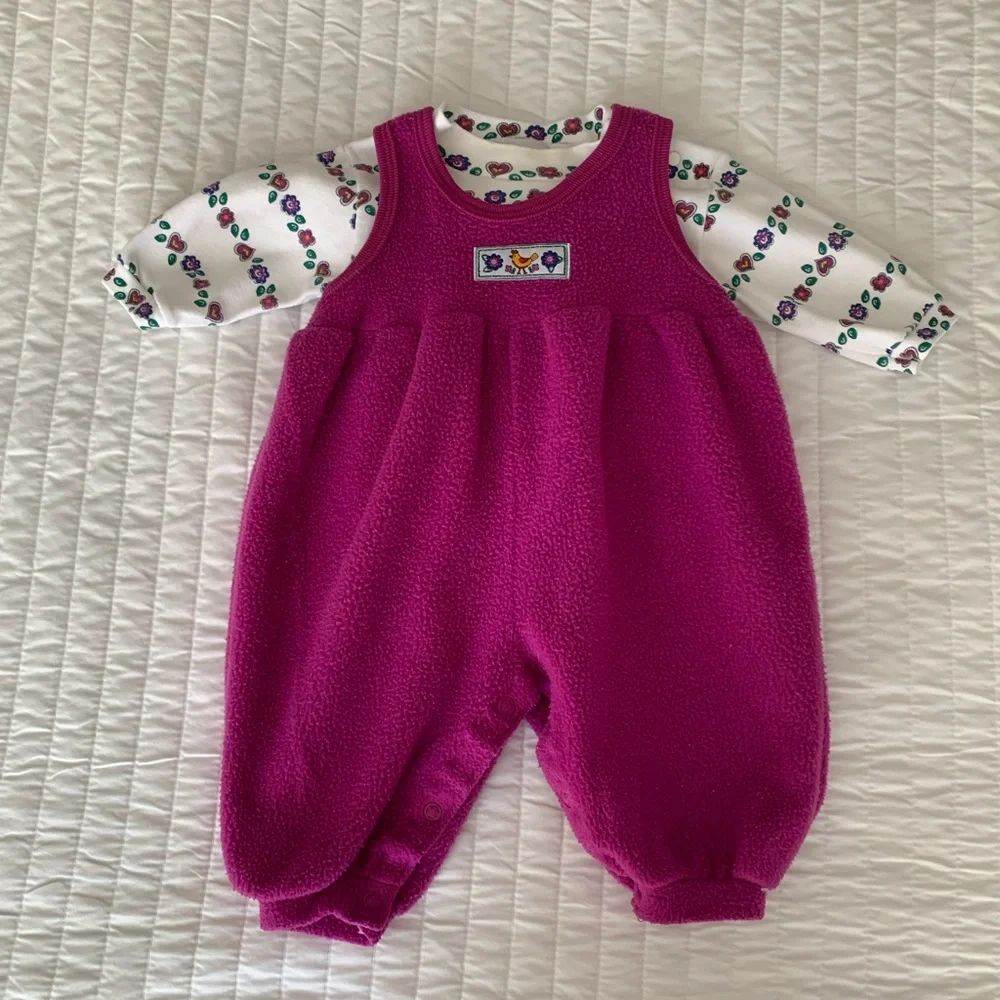 Vintage Carter's Baby Girls 3-6M Pink Floral Fleece Overalls & Shirt Set